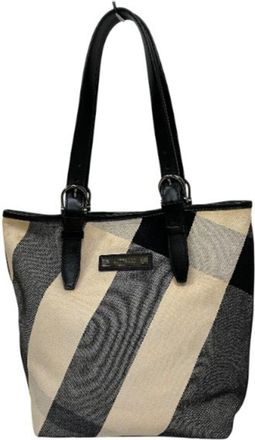 Burberry Black Ivory Canvas Leather Shoulder Bag Tote Bag (Pre-Owned)