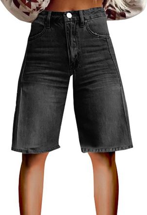 Generic Denim Shorts For Women High Waisted Casual Summer Jean Shorts With Pockets Knee Length Jeans Lightweight Breathable Bermuda Short Loose Wide Leg Half 