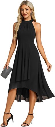 Ever-pretty Midi Halter Neck Chiffon Wedding Guest Dress with Sleeveless and A-Line Women Dresses for Wedding Black 16UK