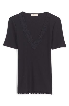 Madewell Lace Trim V-Neck Rib Top in Jet Black at Nordstrom, Size Xx-Small