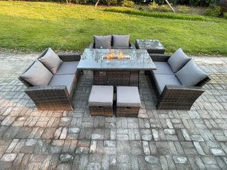 Fimous High Back Rattan Garden Furniture Sofa Sets with Outdoor Furniture Gas Firepit Dining Table Set Side Table 2 Small Footstools in Dark Grey