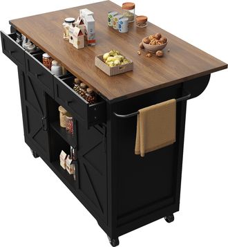 STILVORA Carro De Cocina Con 3 Cajones Y 3 Compartimentos Con Puertas Correderas Y Encimera Abatible Con Ruedas, Mdf, Negro