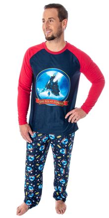 Intimo The Polar Express Train Mens Raglan Shirt And Pants 2 Piece Sleep Lounge Pajama Set (Medium)