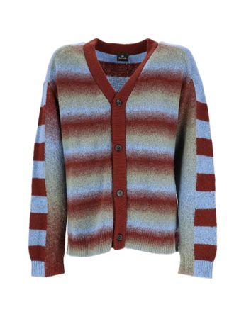 Paul Smith Blue Wool-Blend Horizontal Striped Knit Cardigan