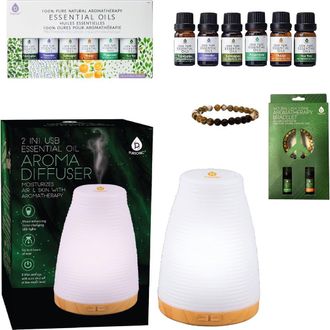 Pursonic Essential Oils Wellness Bundle - Includes Lava Stone Bracelet, 2-in-1 USB Diffuser, and 6-Pack of 100% Pure Aromatherapy Oils in Multicolor