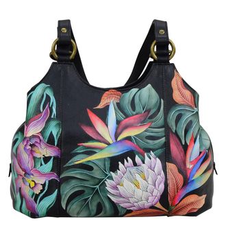 Anuschka Womens Original Hand-Painted Genuine Leather Classic Ruched Hobo - Island Escape Black