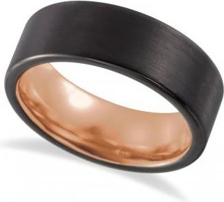 Allurez Mens Flat Edge Satin Black Tungsten & 18K Rose Gold PVD Wedding Band (8mm)
