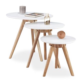 Relaxdays Relaxdays - Set 3 Mesas Auxiliares N&oacute;rdicas Redondas, Madera De Nogal-dm, Blanco-marr&oacute;n, 32, 40, 50 Cm De Di&aacute;metro