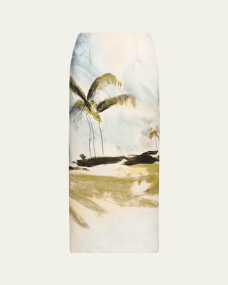 Oscar De La Renta Palm Tree Satin Midi Pencil Skirt
