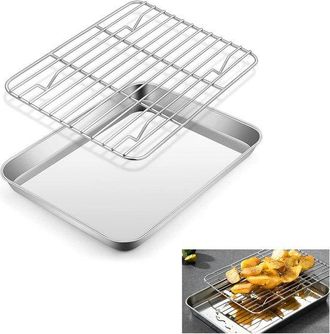No Brand Bandeja De Horno De Acero Inoxidable Con Rejilla De Enfriamiento (26x20,5x2,5 Cm), Bandeja Para Hornear Multiusos Y Juego De Rejilla Para Asar Pastele