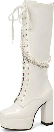 Generic Womens Patent Leather Lace-Up Front Biker Boots with Platform Chunky Heel & Pearls Chain Accents,Punk Gothic Style,White,7.5 UK