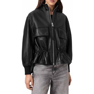 AllSaints Flor Leather Peplum Jacket in Black at Nordstrom, Size 10 Us