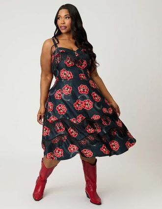 Unique Vintage Plus Size Fringe Swing Dress in Black W/Floral Print at Nordstrom, Size 2X