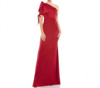 Mac Duggal One Shoulder Puff Sleeve Trumpet Gown In Red Satin