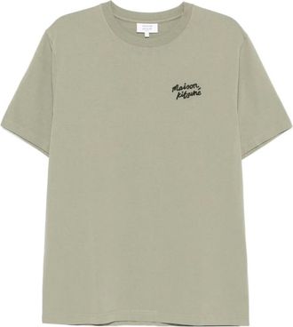 Maison Kitsuné Tops, Heren, Groen, S, Katoen, Geborduurd Logo Crew Neck T-shirt