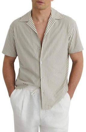 Reiss Aurelia Stripe Cotton Blend Camp Shirt in Soft Sage Green at Nordstrom, Size Xx-Large
