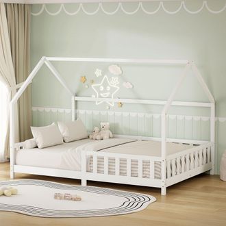 ML Design Ml-design Cama Infantil 140x200cm Blanco, Con Protecci&oacute;n Antica&iacute;da, Techo Y Somier, Estructura Listones De Madera De Maciza De Pino Lecho Doble Montes
