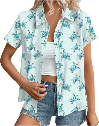 Generic Hawaiian Shirts for Women Summer Beach Shirt Trendy Tropical Floral Print Tshirts Casual Button Down Short Sleeve Blouses Plus Size Tees Fashion Outfi