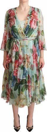 Dolce & Gabbana Green Floral Long Sleeve V-neck Midi Womens Dress (Pre-Owned)