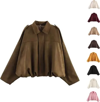 Generic Womens Faux Suede Jackets Open Front Lapel Pilot Coat Casual Oversized Long Sleeves Bomber Jacket Trendy Streetwear Outerwear Fall Winter Outfits Clot
