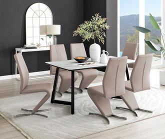 Furniturebox Carson White Marble Effect Dining Table & 6 Willow Chairs in Beige