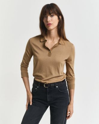 GANT Women Seamless Buttoned Long Sleeve Polo Shirt (XL) WARM KHAKI