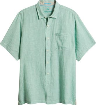 Tommy Bahama Paradise Breezer Short Sleeve Linen Button-Up Shirt in Light Neptune Green at Nordstrom, Size 2Xb