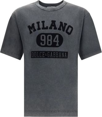 Dolce & Gabbana Fluweel Logo Katoenen T-Shirt - Heren - T-shirts - Grijs - S - Katoen - Tops