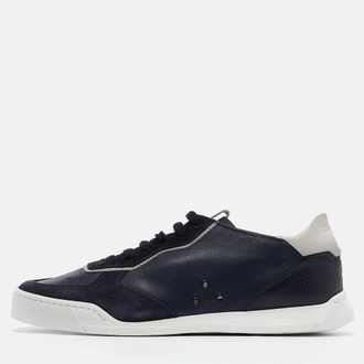 Santoni Navy Blue Suede And Leather Lace Up Sneakers