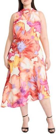 Maggy London Watercolor Asymmetric Midi Dress in Ivory/Orange at Nordstrom Rack, Size 16W