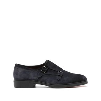 Santoni Blue Suede Double Buckle Flat Shoes