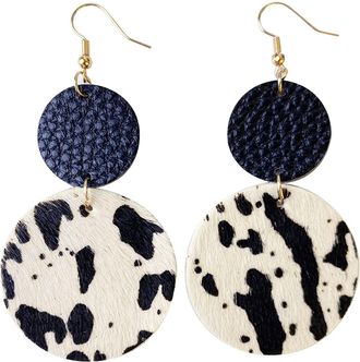 Generic Cow Pattern Animal Leather Earrings Women Round Water Drop Elegant Pendant Jewelry Pearl Hoops (D, One Size)