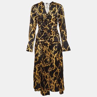 Ganni Ganni Black Printed Stretch Satin Ruched Midi Dress