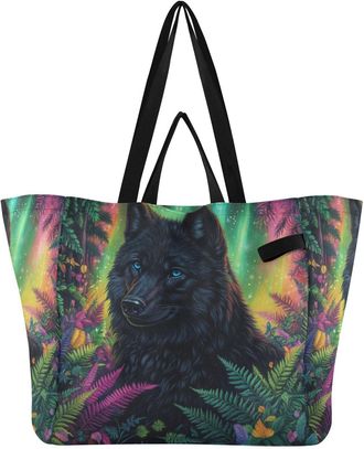 Generic Black Wolf Stars pattern Reusable Canvas Tote Bag, Heavy Duty Grocery Shopping Bag with Double Handles Large Capacity Hard Bottom Work Groceries Trave