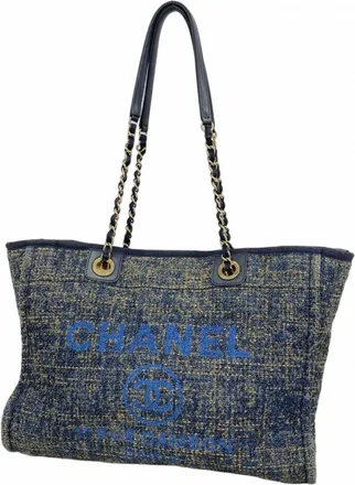 Chanel Beige Navy Tweed Tote Bag (Pre-Owned)
