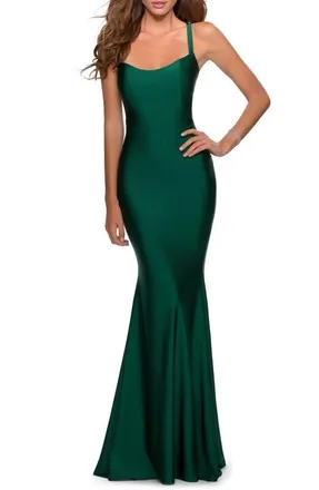 La Femme Form Fitting Prom Dress with Dramatic Lace Up Back in Emerald at Nordstrom, Size 14
