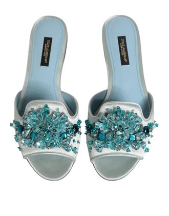 Dolce & Gabbana Womens Silver Blue Leather Bead Embellish Slide Shoes Blue, Silk Viscose