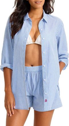 Tommy Bahama Sun, Sea, Spritz Embroidered Stripe Cover-Up Shirt in Victoria Blue at Nordstrom, Size X-Large