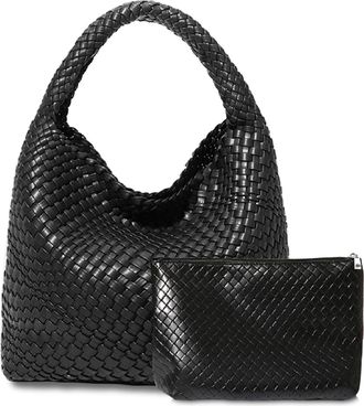 Generic Dyalsa Women 2PCS Woven Tote Bag, Vegan Leather Handbag Large Summer Beach Bag and Purse Handmade Hobo Bag Clutch Bag Set (AL-007BK)