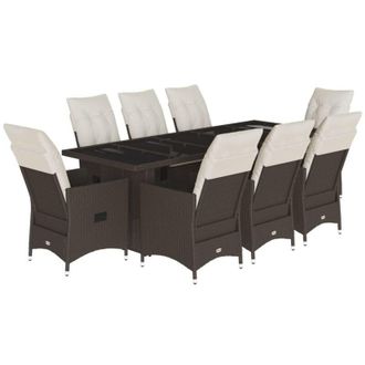vidaXL Set De Mesa Y Sillas Jard&iacute;n 9 Piezas Y Cojines Rat&aacute;n Pe Marr&oacute;n Vidaxl