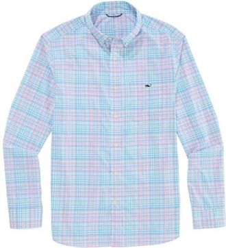 Vineyard Vines Parrotfish Plaid Performance Button Down Shirt in Bahama Breeze at Nordstrom, Size Xx-Large