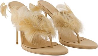 PARIS TEXAS Feather-Trimmed Heel Sandal - Beige