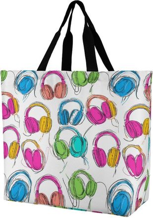 Generic Colorful Headphone Pattern Reusable Shopping Bags Large Capacity Grocery Bag Heavy Duty Tote for Women 40x40x16cm