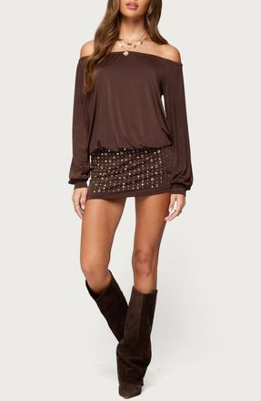 Edikted Stud Off the Shoulder Long Sleeve Backless Minidress in Brown at Nordstrom, Size X-Large