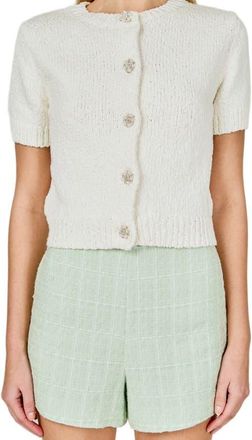 endless rose Scalloped Embellished Button Short Sleeve Cardigan in White at Nordstrom, Size X-Small