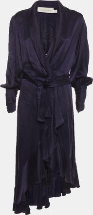 Zimmermann Navy Blue Satin Asymmetric Midi Wrap Dress
