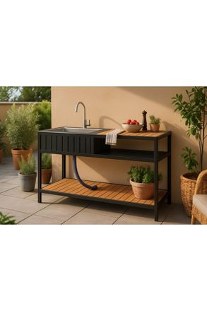 ambia GARDEN Outdoorküche, Anthrazit, Teakfarben, Metall, Kunststoff, einzeln stellbar, 127x95x50 cm, Gartenmöbel, Outdoor Küchen