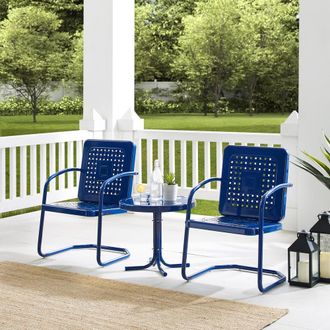 Crosley Furniture Bates 3Pc Outdoor Metal Armchair Set Navy Gloss/White Satin - Side Table & 2 Armchairs