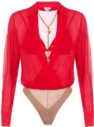 Elisabetta Franchi Bodysuit in Georgette met Juwelenketting - Dames - Bodies - Rood - M - Satijn - Tops