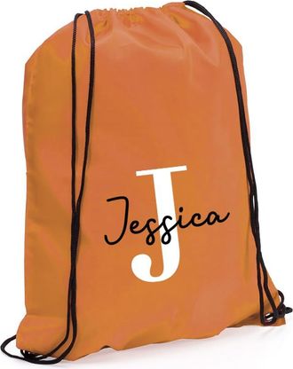 eBuy GB Personalised Drawstring Bag with Initial & Name, Monogrammed Kids Backpack, Gym Rucksack, School Sport Bag, Childrens PE Kit (Orange)